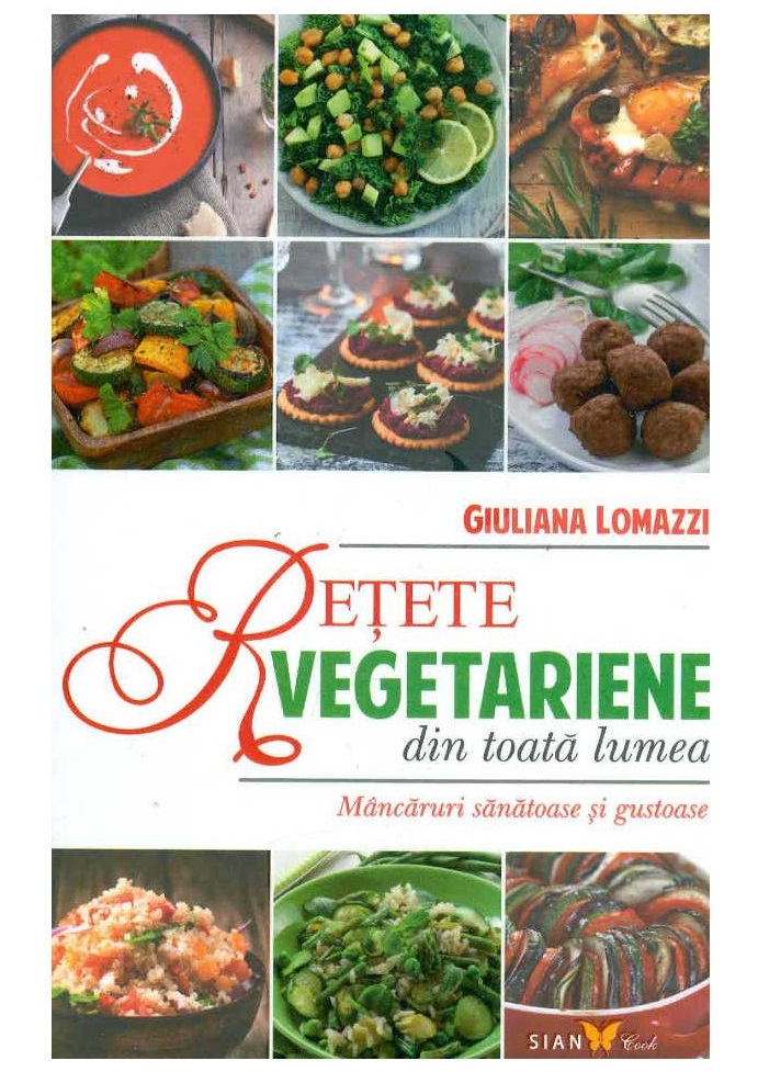 copertă cărți de rețete vegetariene din toata lumea, cu titlu si multe poze mici in patrate alaturate