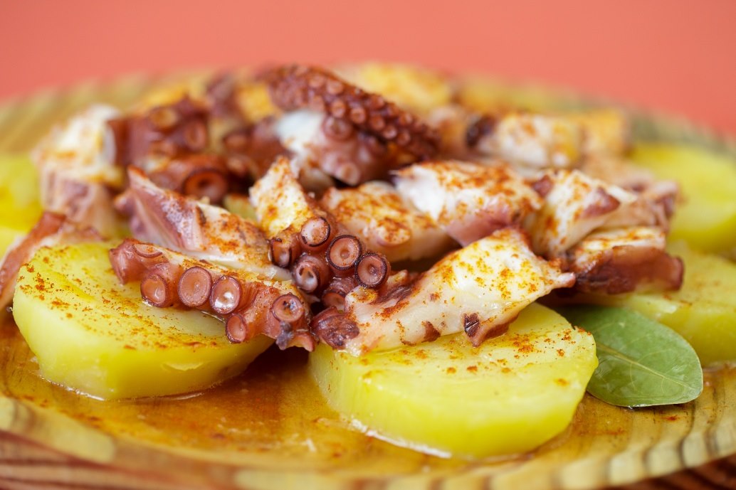 close up cu pulpo a la gallega, bucati de caracatita cu boia, asezate in farfurie impreuna cu felii groase de cartof, ceva ce să mănânci în Spania.
