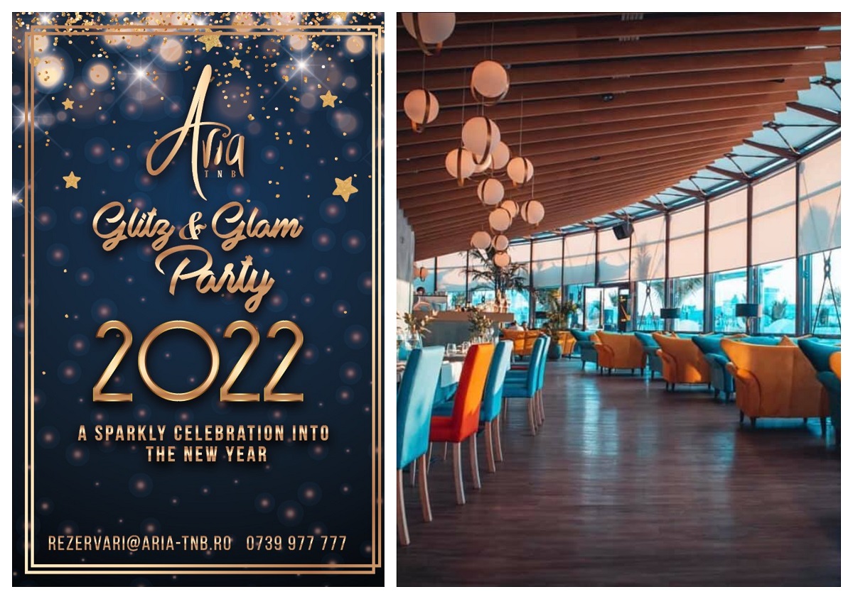 colaj cu afisul pentru oferta de Revelion de la restaurant Aria TNB din București și o fotografie cu salonul circular al restaurantului, cu mese si scaune colorate