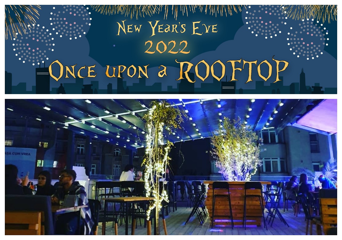 colaj cu afisul pentru oferta de Revelion de la restaurantul Balkon Resto Garden din București și o fotografie de pe terasa, cu oameni asezati la masa si acoperis cu beculete, totul intr-o lumina albastra