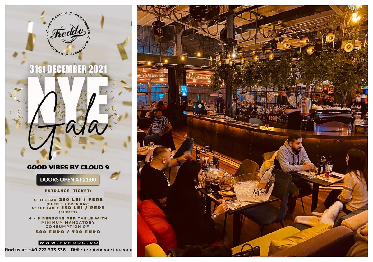 colaj cu afisul pentru oferta de Revelion de la Freddo Bar & Lounge din București și o fotografie din interiorul restaurantușui, cu oameni asezati la masa