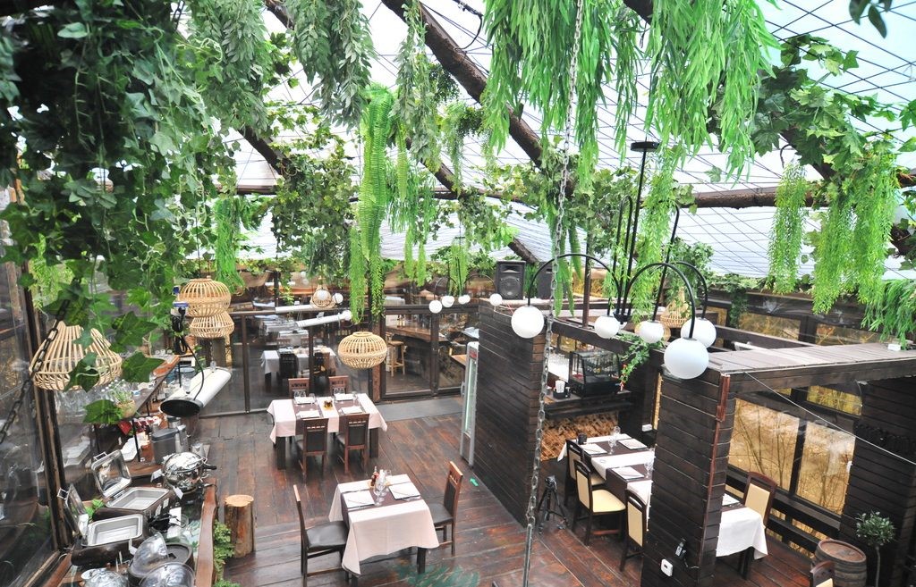 Restaurant Forest fotografiat de sus, cu mese si podele din lemn, tavan din geam si multe plante decorative, unul din cele mai bune restaurante din Sinaia