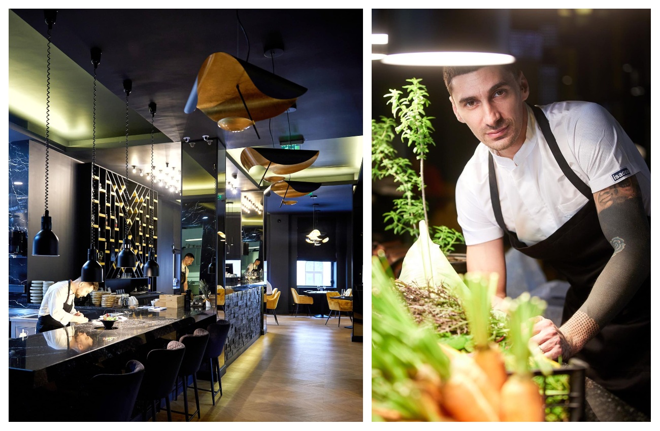 colaj foto cu imagini din Restaurant Grai și chef  Daniel Pălici, unul din restaurante emblematice pentru noua bucătărie românească fină