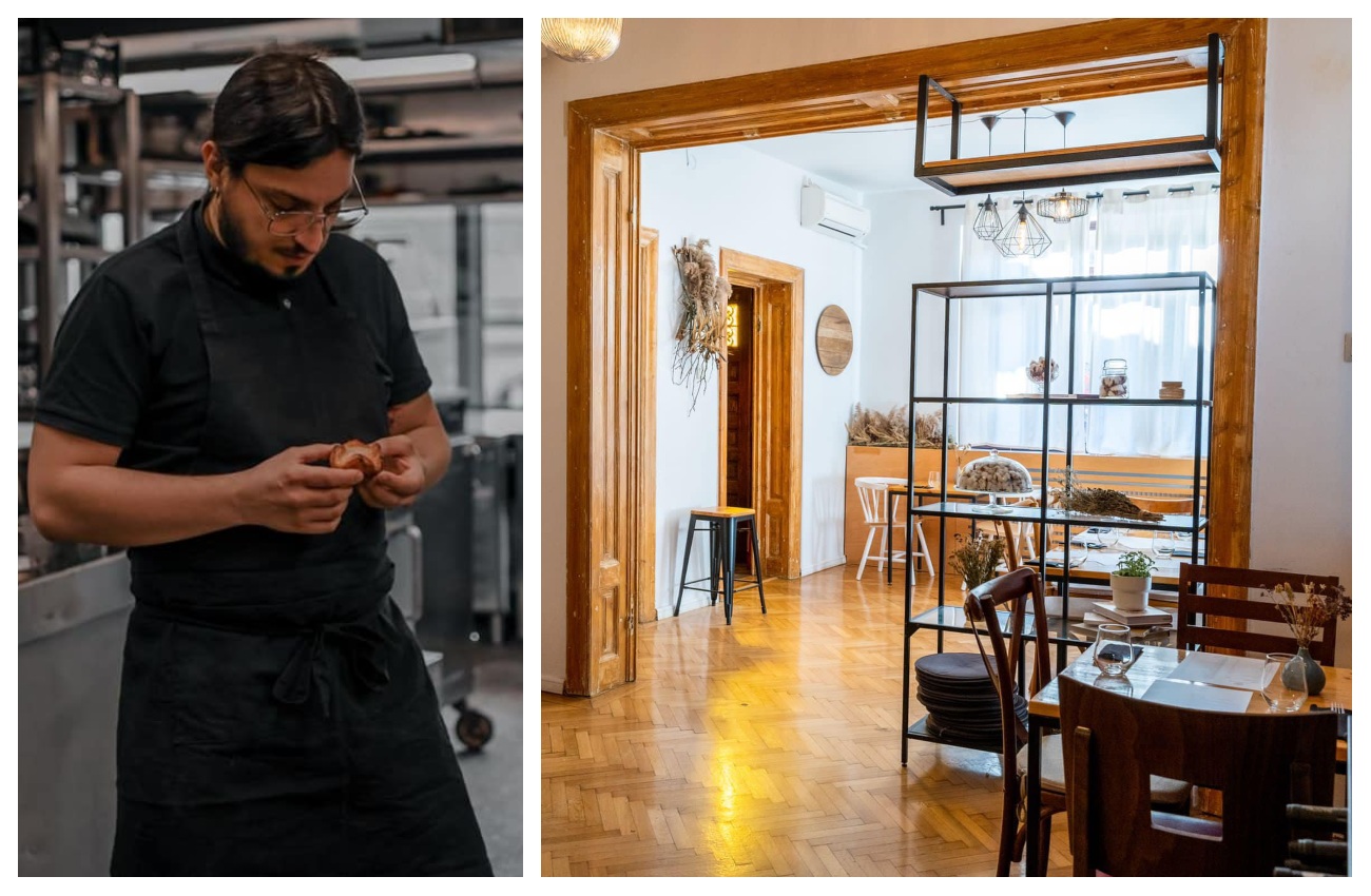 colaj foto cu chef Mihai Iosif Toader si interiorul restaurantului Soro.lume, etalon pentru noua bucătărie românească fină
