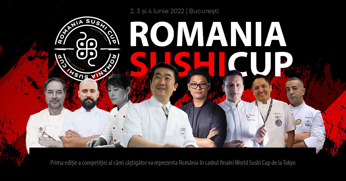 afis romanian sushi cup, cu mai multi chefi de sushi fotografiati si text promo