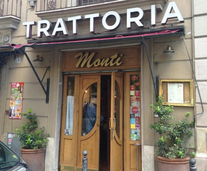 intrarea de la restaurant trattoria mont din Romai, cu usa din lemn si scris mare deasupra Trattoria