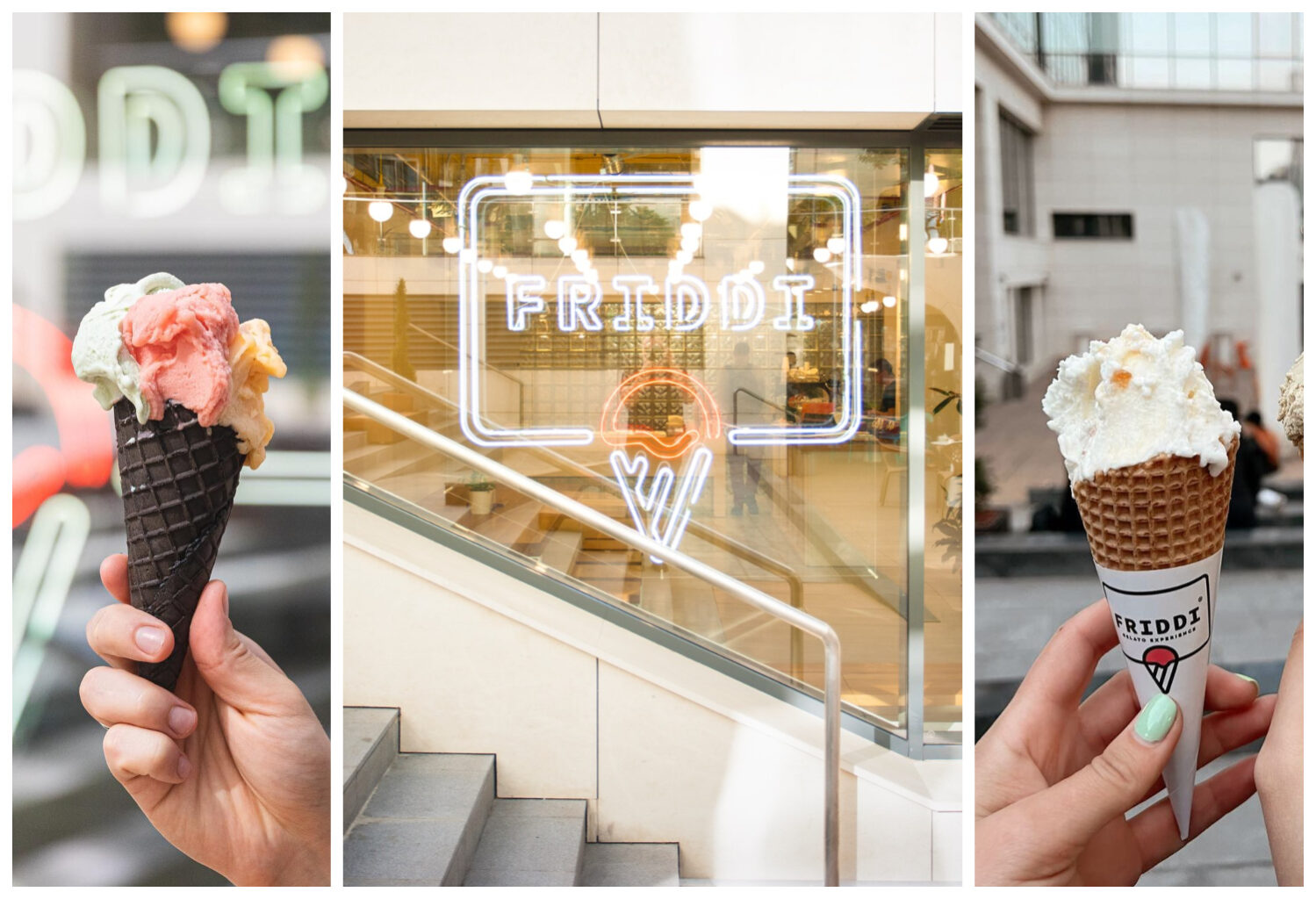 colaj foto cu vitrina gelateriei Friddi, incadrata de 2 poze cu conuri de inghetata, una fin gelaterii cu înghețată artizanală din București