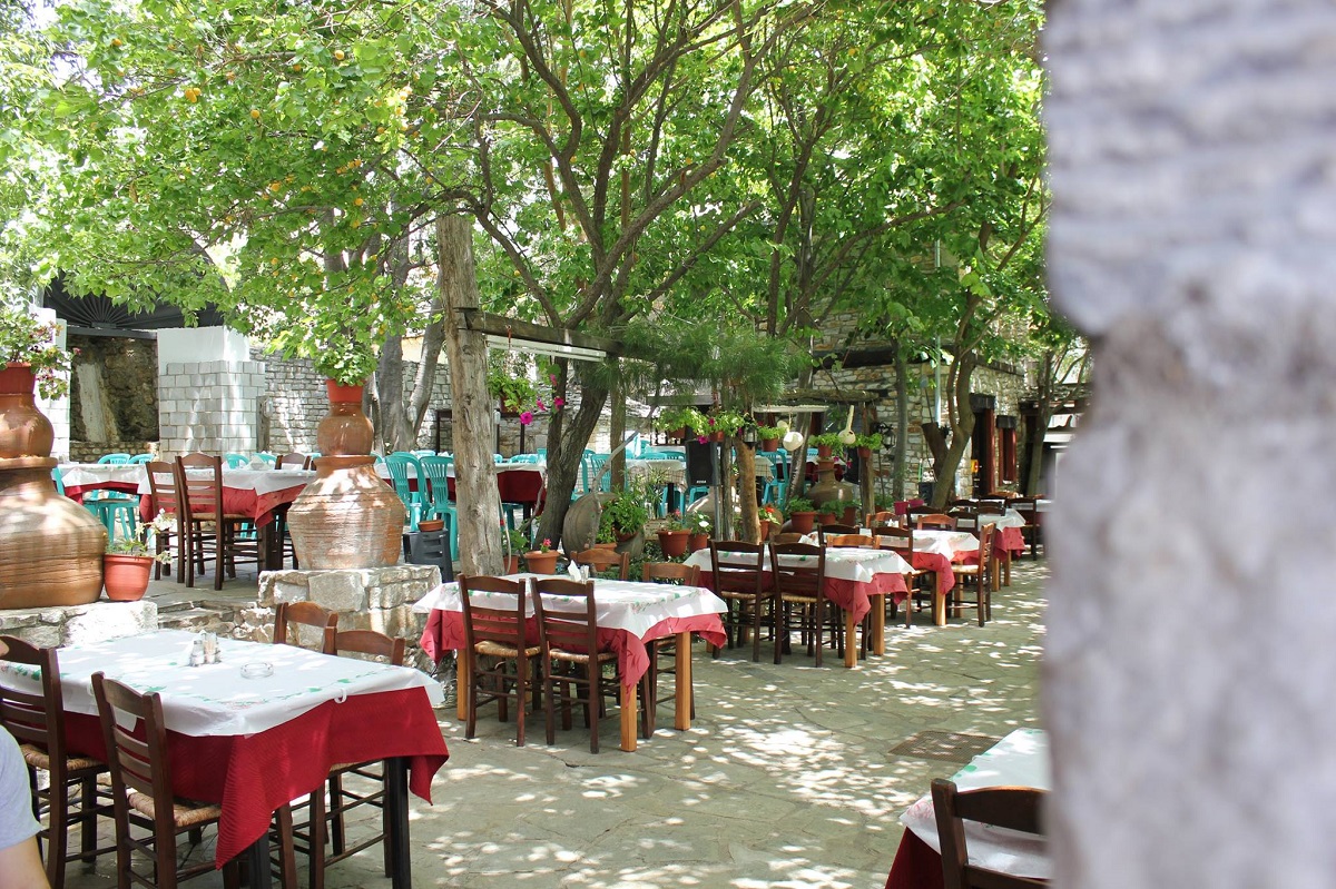 Taverna Stelios din satul Theologos, Thassos, cu mese asezate intr-o curte mare, plina de copaci si verdeata