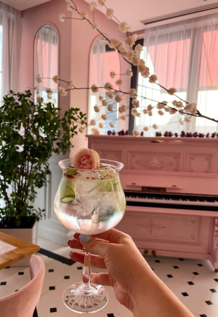 pahar cu gin, felii de lime și trandafir la Cișmigiu Bistri, unde bei gin bun în București