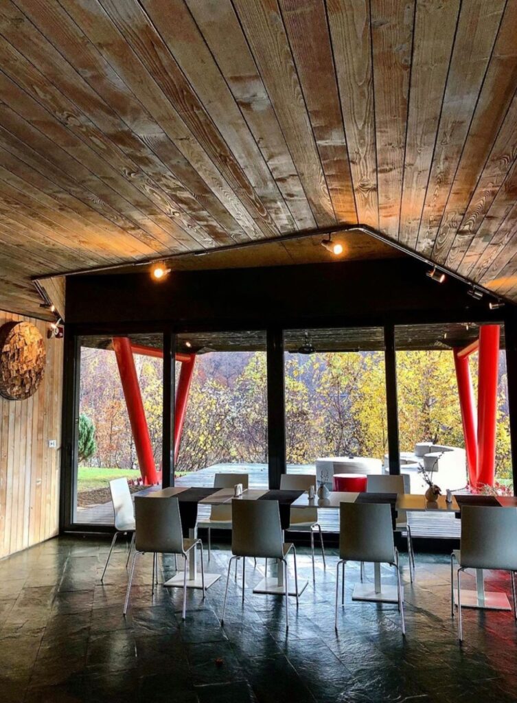 incapere moderna, cu tavan de lemn, ferestre mari prin care se vad copacii si o masa cu mai multe scaune elegante, la Atra Doftana