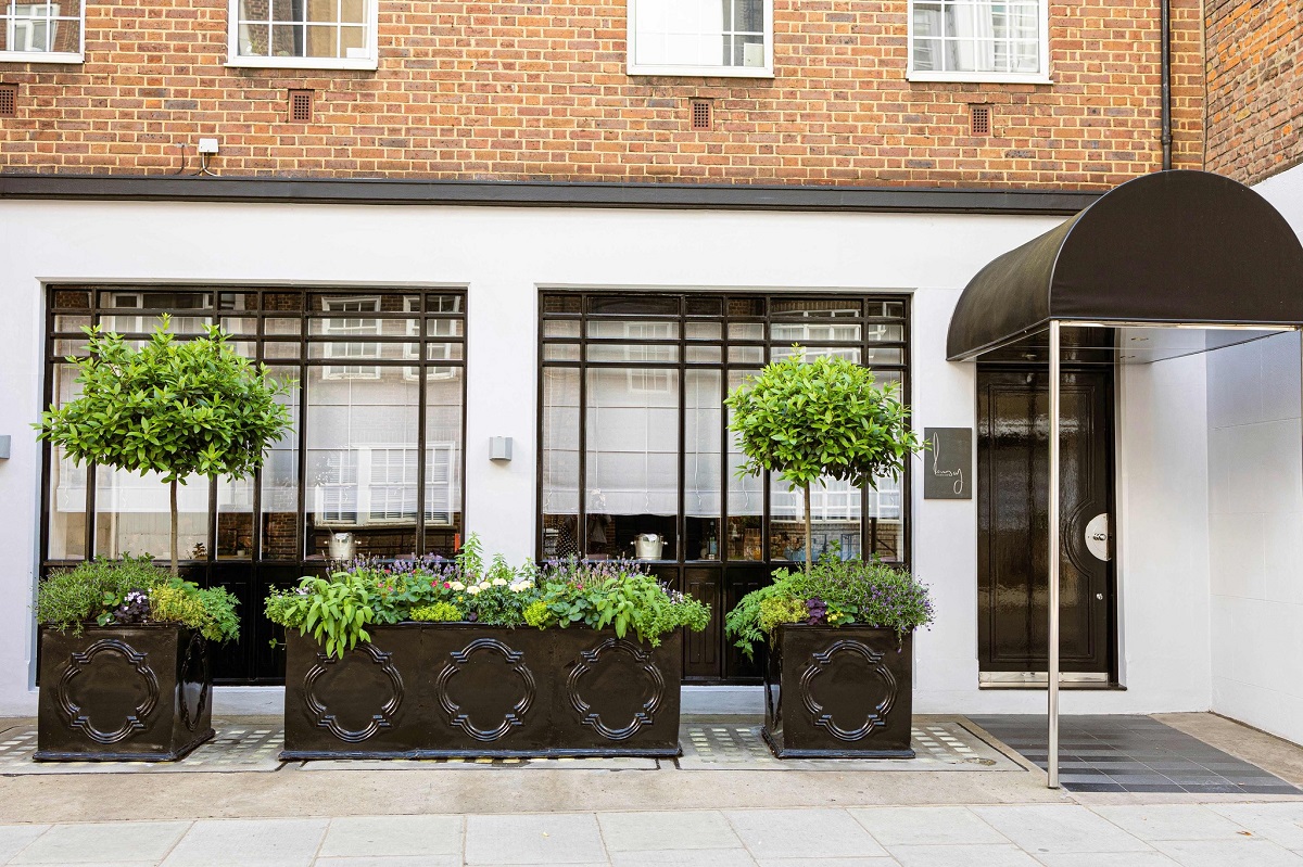 Unde mâncăm în Londra? La restaurant Gordon Ramsey. Intrarea in Restaurant Gordon Ramsey, fotografiata din strada, cu pereti albi, geamuri mari cu rame negre si plante oramentale.