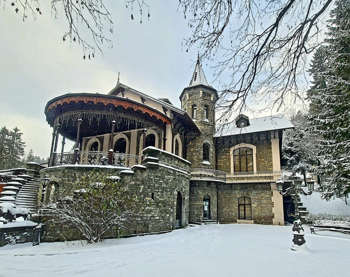 Castelul Știrbey fotografiat din exterior, iarna, cu zapada