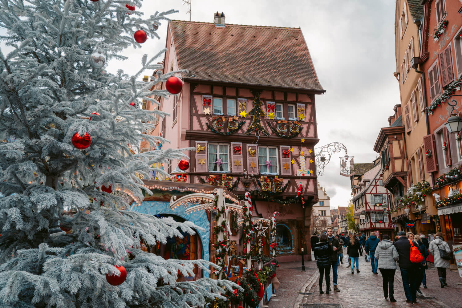 prim plan cu un brad decorat cu globuri rosii, iar in fundal o cladire alsaciana, cu barne de lemn, decorata festiv, pentru târgul de Crăciun din Colmar, Unul dintre cele mai frumoase târguri de Crăciun din Europa.