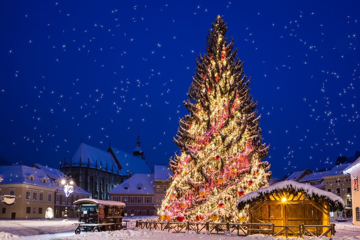 Christmas tree in Brasov city outdoor, in center square. Romania