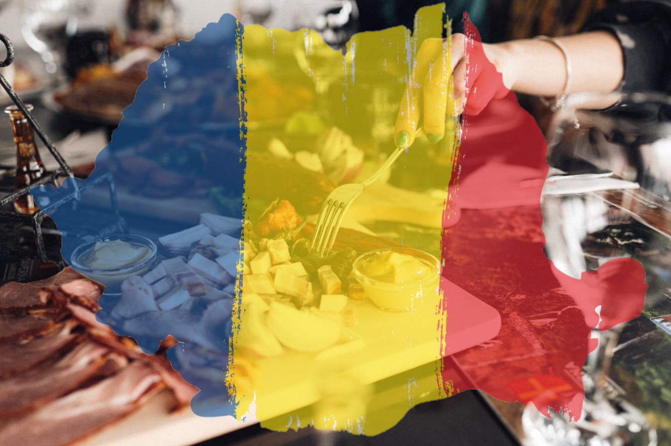 colaj foto cu imaginea romaniei in culorile tricolorului, suprapusa peste o imagine cu bucate traditionale de 1 decembrie la restaurant