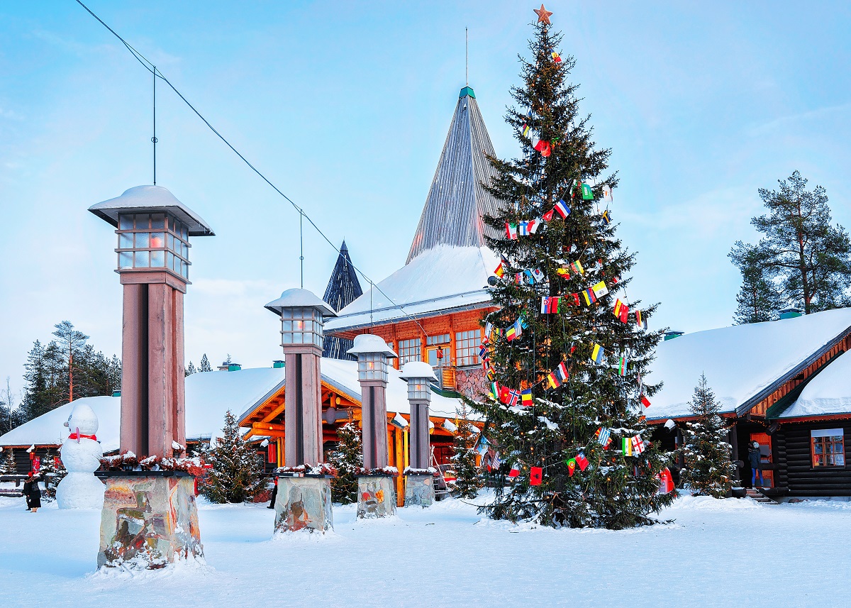 Arctic Circle lanterns at Santa Office in Santa Village Lapland, Rovaniemi, Lapland, Finland, on Arctic Circle in winter.