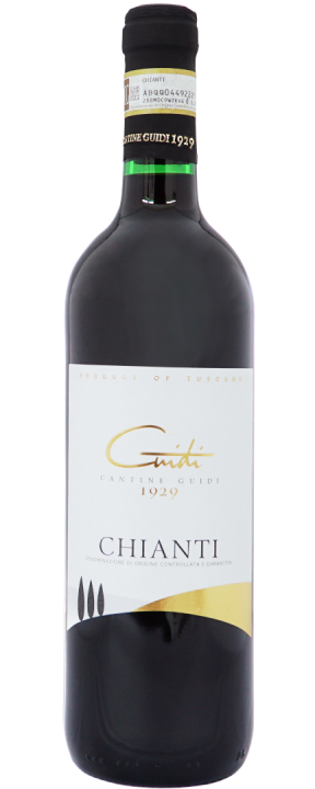 sticlas neagra de vin rosu Chianti docg 2018 de la Cantine Guidi - unul din vinuri recomandate la masa de Crăciun