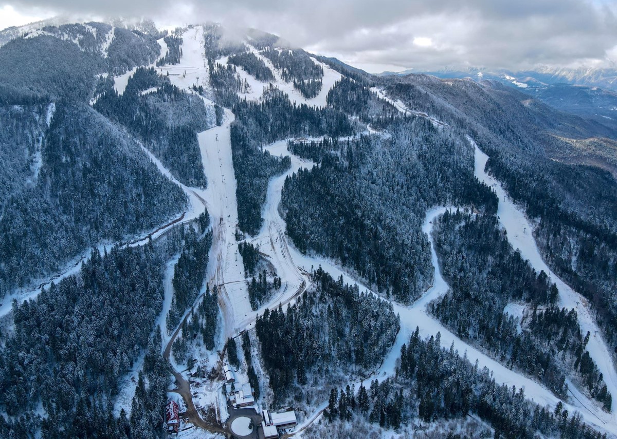 partiile de schi de pe masivul Postavaru din Poiana Brasov, printre brazii acoperiti de zapada iarna - una din stațiuni populare de schi din România
