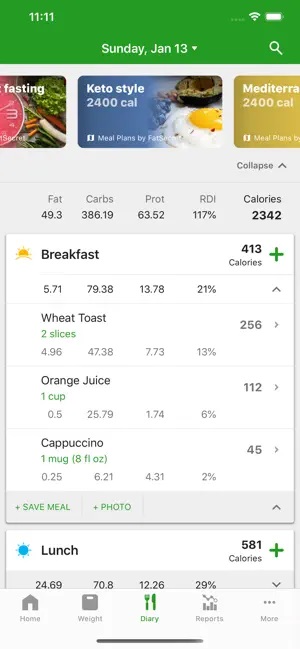 program cu mesele zilnice din aplicatia FatSecret, una din aplicații de numărat caloriile