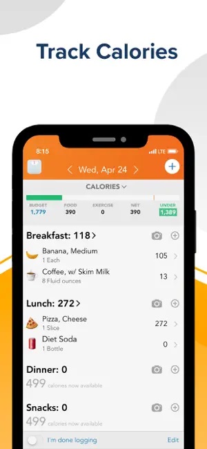 mock up cu un telefon pe al cărui ecran e deschisa aplicatia Lose It, una din aplicații de numărat caloriile